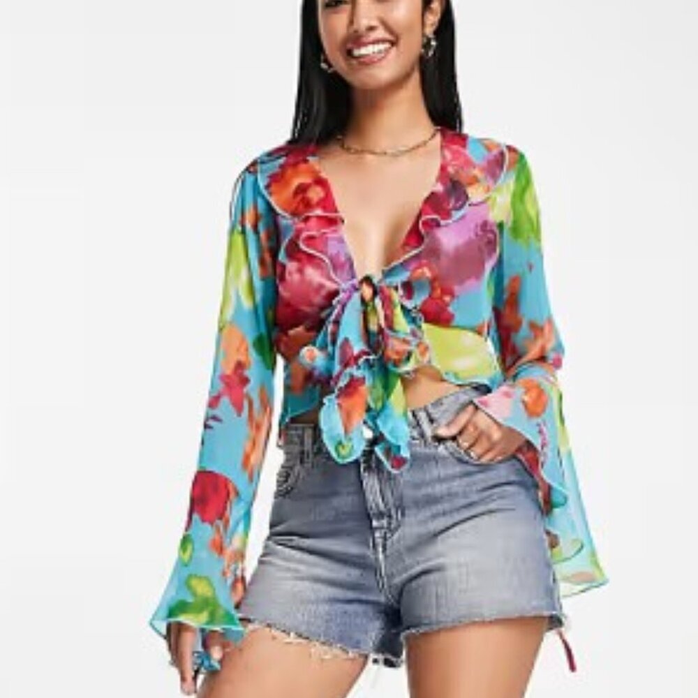 ASOS Design Tie Front Sheer Blouse With Frill Neck In Blue Bright Floral